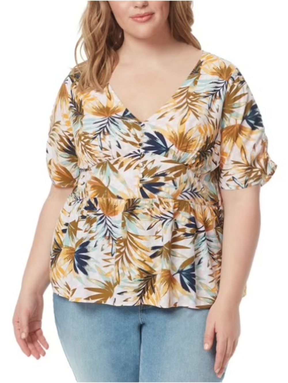 Jessica Simpson Tropical Leaf Print V-Neck Short Sleeve Peplum Top Size 2X